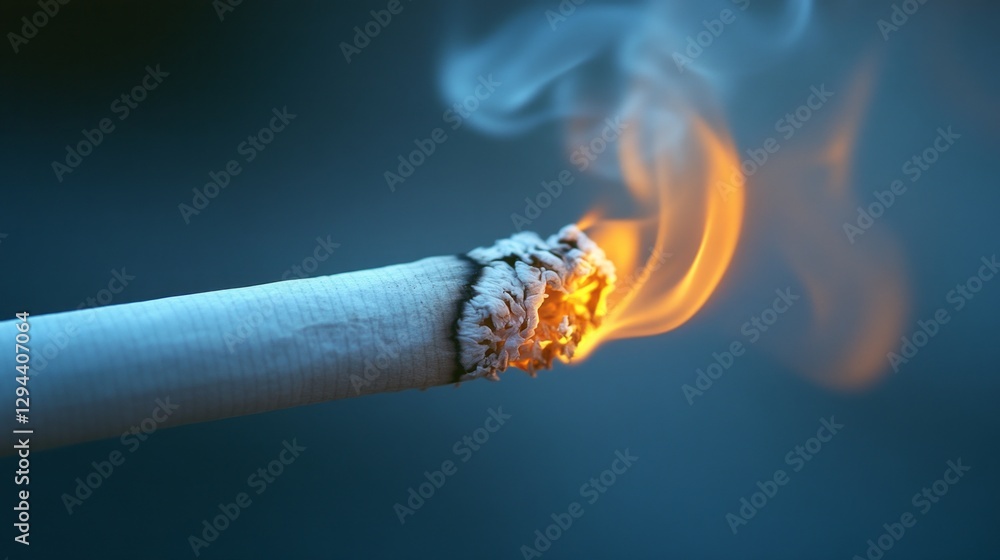 Poster A cigarette burns slowly, emitting wisps of smoke that curl into the air. The warm ember glows brightly against a cool background, creating a mesmerizing contrast in the tranquil setting