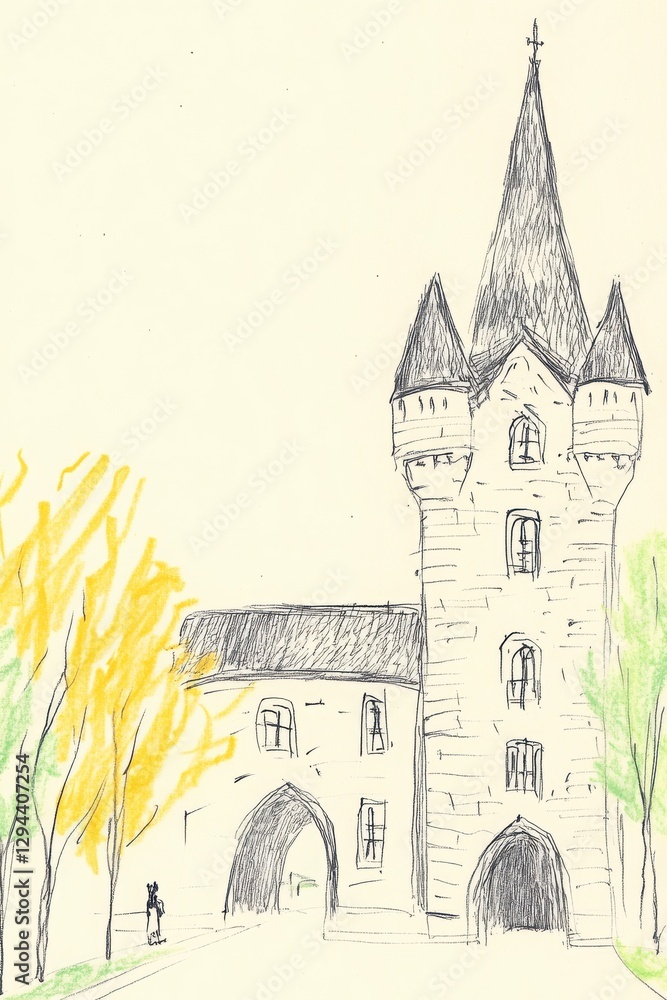 Poster sketch of a stone church with a tall pointed steeple and yellow trees and green foliage in a landsca