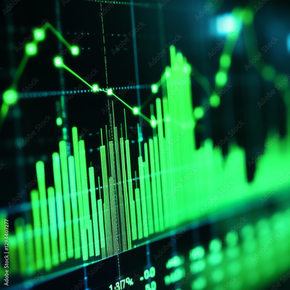 Poster financial data visualization: green stock market graph analysis on screen, showing positive trends a