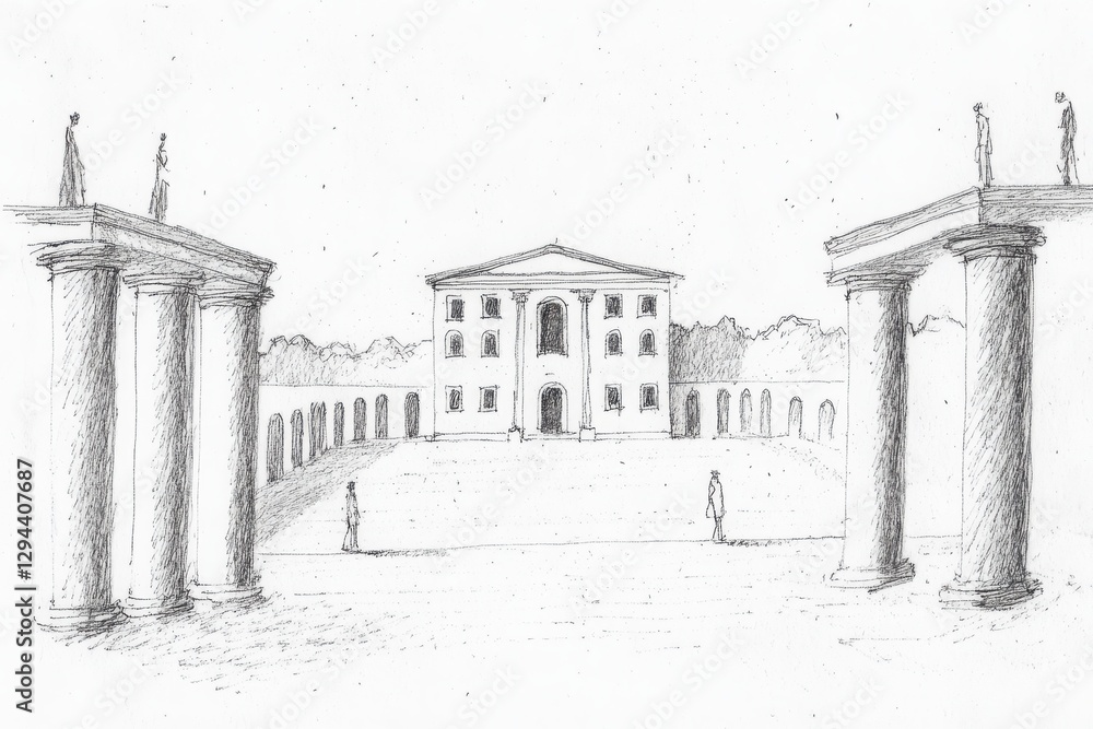 Poster sketch of classical building with columns and details