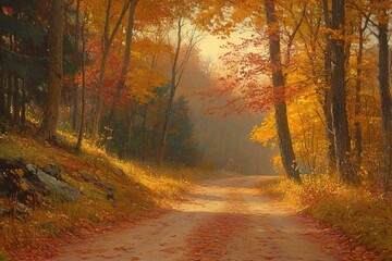 Fototapeta premium Autumn path through woods with sun streaming through colorful leaves Serene landscape