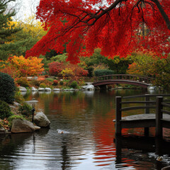 Fototapeta premium A peaceful Japanese garden in autumn, a red maple tree arching over a koi pond, gentle ripples in the water, traditional wooden bridge, sharp details, serene Zen atmosphere. 