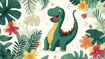 Cute Cartoon Dinosaur with Tropical Leaves and Colorful Flowers