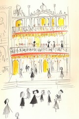 Sketch Of Two Story Building With Yellow And Red AccentsFor Sale In City Center With People Figures On The Street. Simple Sketching. Hand Drawn Artistic Style. Line Art Drawing Illustration. Black