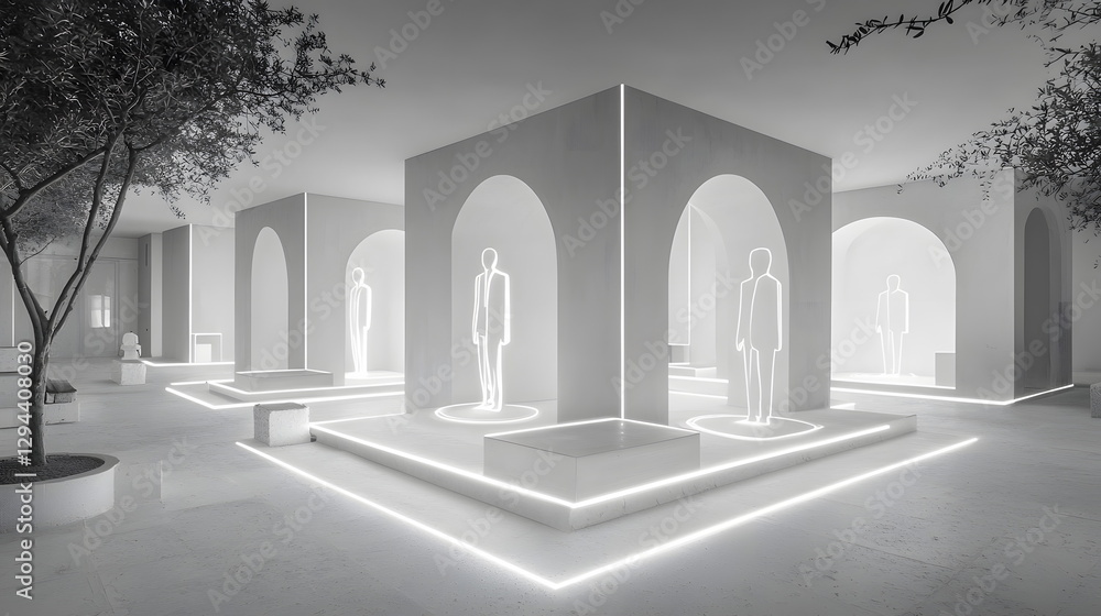Poster minima architecture with glowing outlines and abstract figures in a modern, well-lit space surrounde
