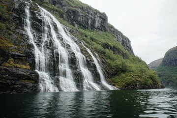Obraz premium Explore the untamed beauty of norwegian waterfalls amidst steep cliffs and rugged landscapes