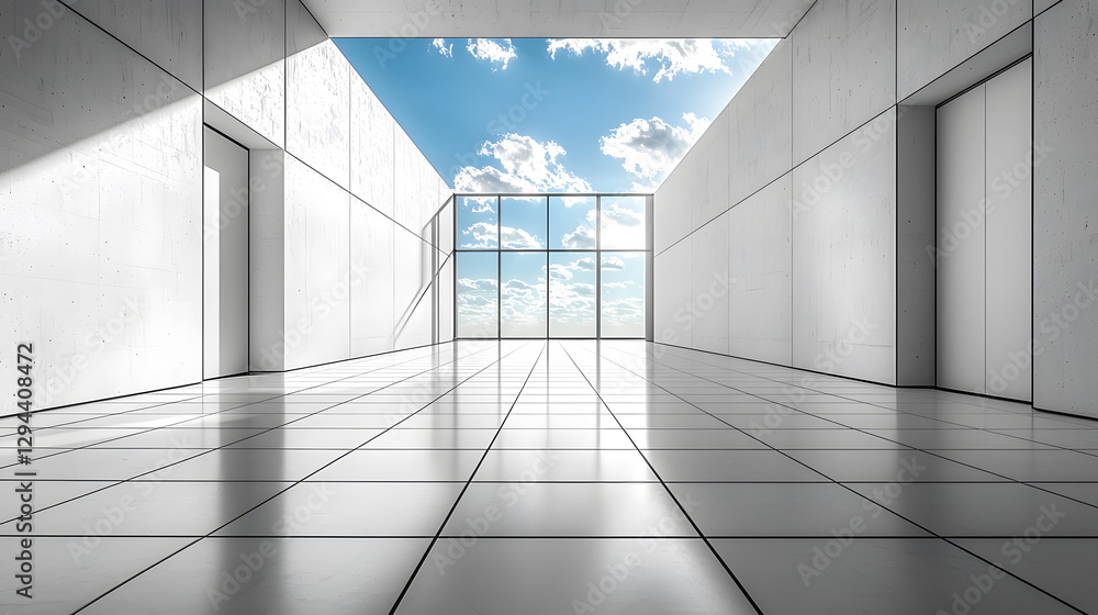 Poster modern architectural interior with large windows reflecting clouds and sunlight in a minima design c
