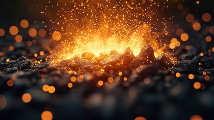 Molten metal forging in a dark forge with sparks