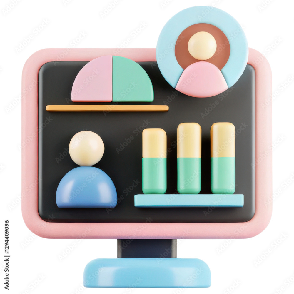 Poster ecommerce marketing plan, colorful 3d illustration of computer screen with graphs and figures, repre