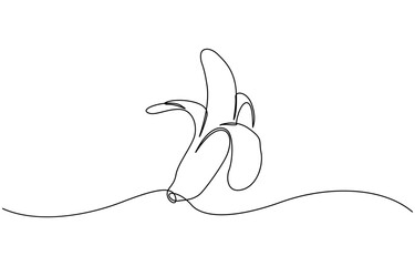 Obraz premium Banana continuous single line art drawing. Banana fruit minimal art style, Peeled banana in continuous line art drawing style. Black line sketch on white background.