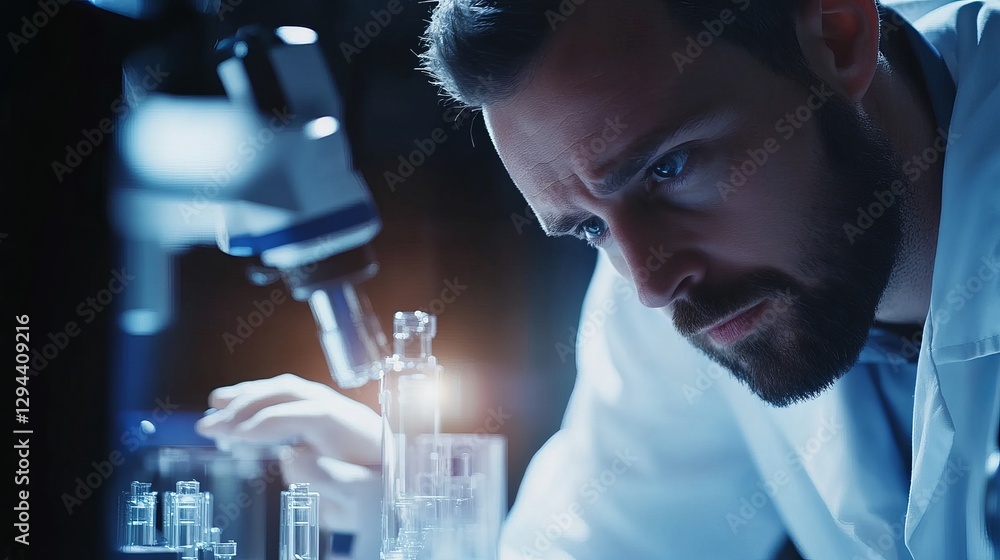 Poster focused scientist examining samples under microscope in modern laboratory setting intense research m
