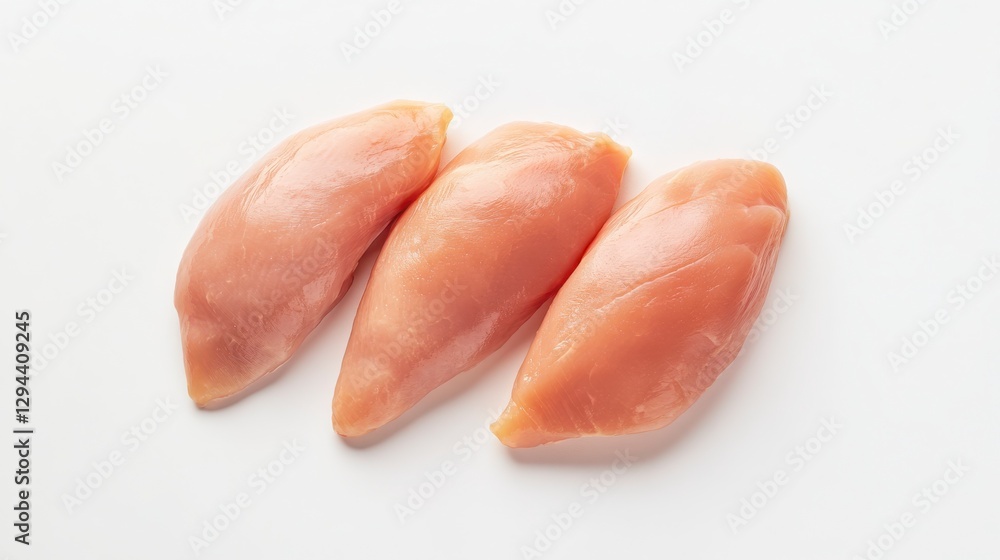 Poster three raw chicken breasts on white backgrounds and other properties of the image are shown herein by