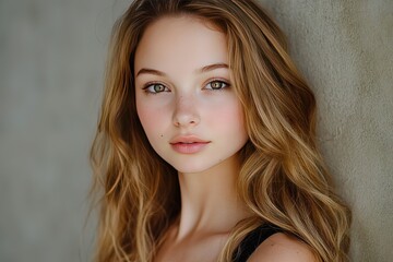 Fototapeta premium Portrait of a young woman with long wavy hair and freckles against a plain backdrop