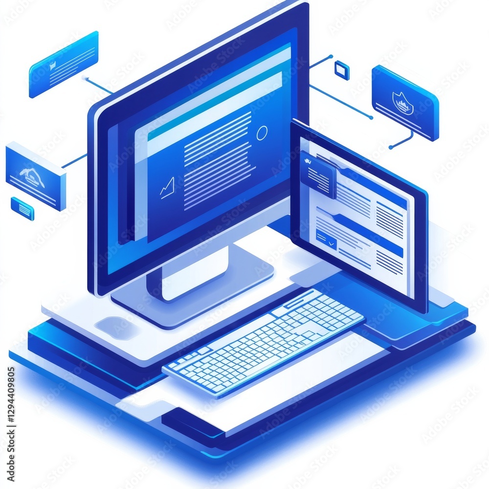 Poster isometric illustration of digital workspace with computer and tablet in blue color palette