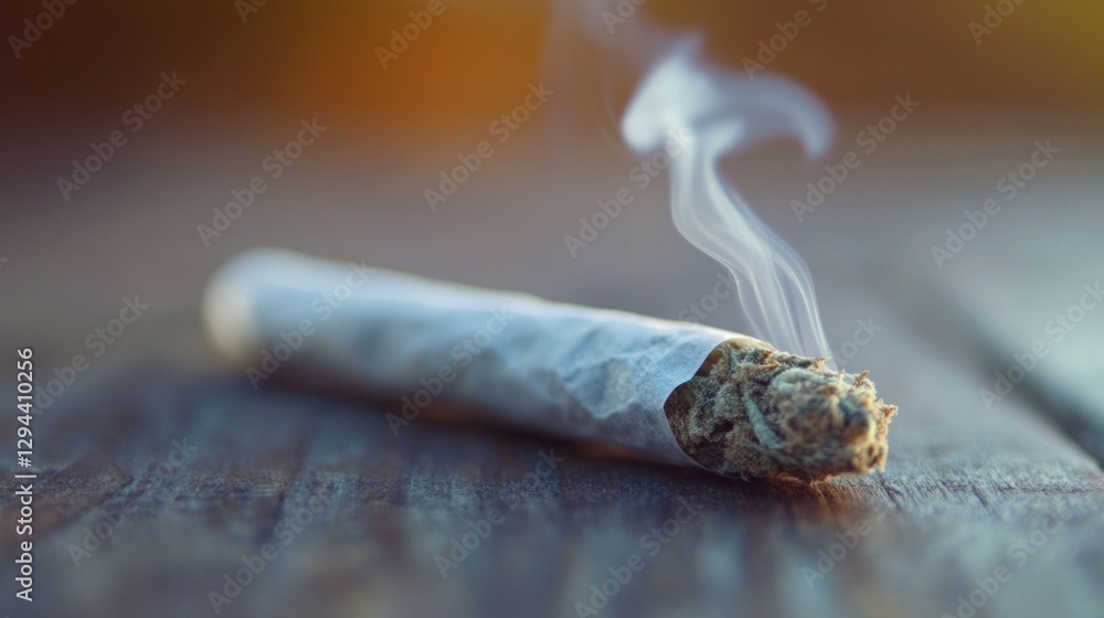 Poster a tranquil moment unfolds as smoke curls upward from a hand-rolled cigarette resting on a weathered 