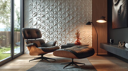 Stylish modern living room with designer chair and ottoman next to geometric wall art illuminated by floor lamp