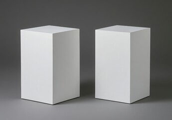 Two White Cubic Forms on Gray Backgrounds and Objects of Studio Photography. Simple Minimalist Design. Geometric Composition with White Cubes and Gray Backdrop. Contemporary Abstract Shapes and