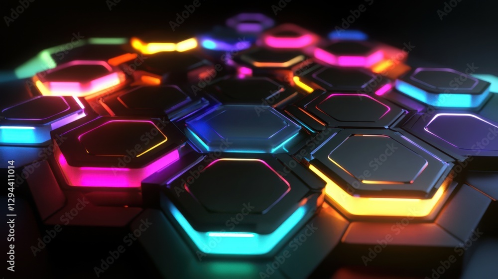 Poster colorful illuminated hexagonal pattern with glowing edges and depth