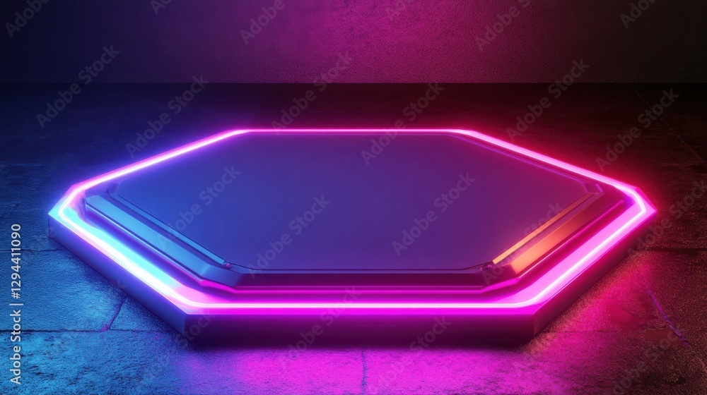 Poster neon hexagonal platform with bright glow on dark background