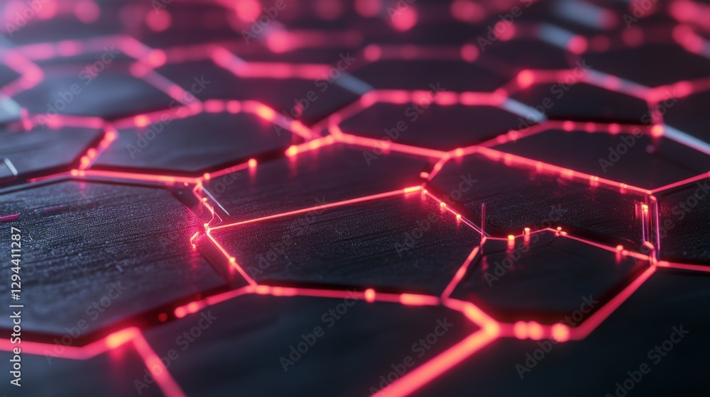Aufkleber red neon hexagonal pattern on dark surface with glowing effects