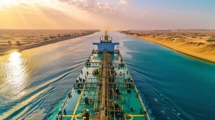 An oil tanker sails through the Suez Canal as the sun sets, casting a golden glow on the water and desert hills. The tranquil atmosphere highlights the maritime journey.
