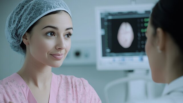 Young Female Doctor Discussing Medical Image Results with Patient Showing Empathy and Professionalism in Modern Hospital Setting Providing Excellent  