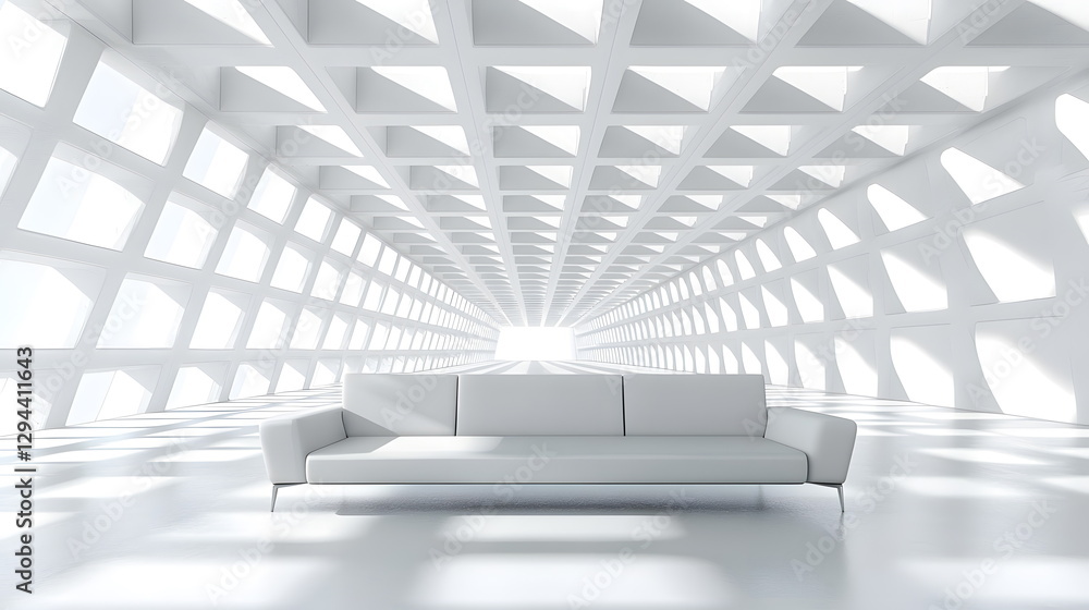 Aufkleber white modern sofa in a minima, futuristic room with geometric patterns and bright lighting creating 