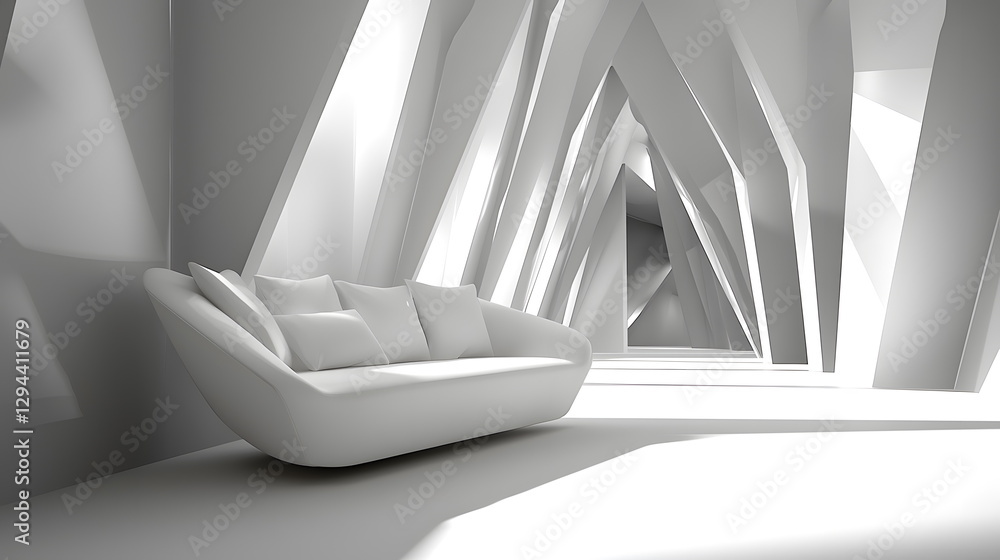 Poster white modern sofa in minima interior design with geometric shapes and soft lighting creating a seren