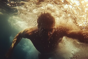 Fototapeta premium Man Swimming Underwater with Sunlight Creating Dynamic Bubbles and Reflections Above Surface