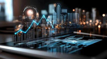 Cutting edge AI driven real estate dashboard featuring a dynamic 3D cityscape interactive charts and predictive analytics tools for strategic investment decisions and optimal location insights