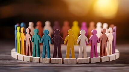 Diverse colorful human figures arranged in a circle formation symbolizing teamwork inclusive community and unity under soft warm lighting background  Concept of diversity equity and inclusion DEI