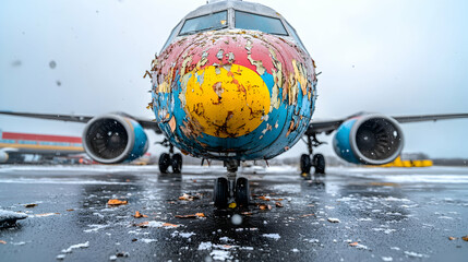 Damaged airplane nose, winter tarmac, snow
