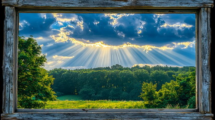 Fototapeta premium Majestic landscape framed by rustic wood with sunlight rays breaking through clouds over green trees and rolling hills.