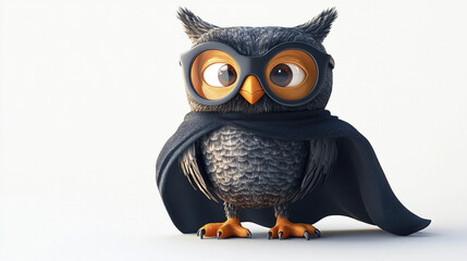 Superhero owl in cape and glasses on white background