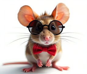 A cute, dressed-up mouse wearing glasses and a bow tie, creating a playful and fun image with a lighthearted, humorous vibe.