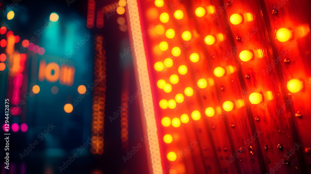 Poster vibrant neon lights glowing in geometric patterns at a retro-style amusement arcade in a dark atmosp