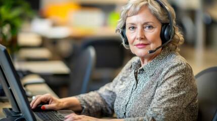 Senior customer service representative working on computer in office