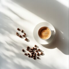 A steaming cup of coffee sits beside scattered coffee beans.