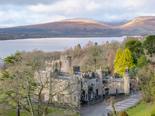 Aerial derelict ruin castle Balloch loch lomond lake Scotland