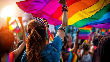 Fearless activist woman with clenched fist raised high pride flag billowing behind her representing strength resistance and LGBTQ pride at an empowering protest rally or