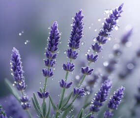 Fototapeta premium Close-up of fresh lavender flowers with dewdrops, capturing their vibrant purple color and delicate texture against a soft, blurred background.