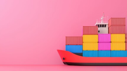 Colorful Cargo Ship with Containers on Bright Pink Background