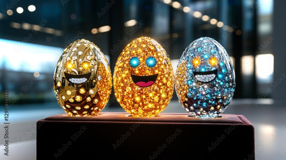 Poster colorful sparkling eggs with smiling faces displayed in a modern indoor setting during the daytime
