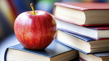 Red apple on stacked textbooks symbolizes knowledge and learning