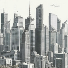 Modern city skyline with skyscrapers in monochrome style, architectural representation, urban design
