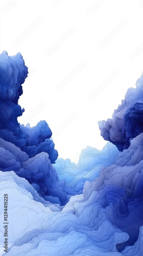 Poster captivating abstract blue landscape with layered formations and ethereal white sky creating depth an