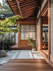 Obraz premium A wooden structure with Japanese architectural influence is presented