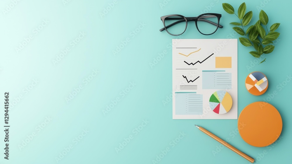 Poster business analytics report with charts and stationery on a table