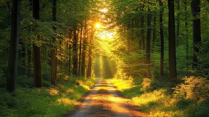 Obraz premium Golden Sunlight Path Through Lush Green Forest Trees Nature Scenery Tranquil Peaceful Serene Summer Sunlight Beams Magical Forest Road Woodland Path 