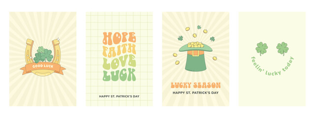 St. Patrick's Day greeting card, poster. Horseshoe for luck, leprechaun hat full of gold coins, clover, good luck wishes. Groovy retro style.